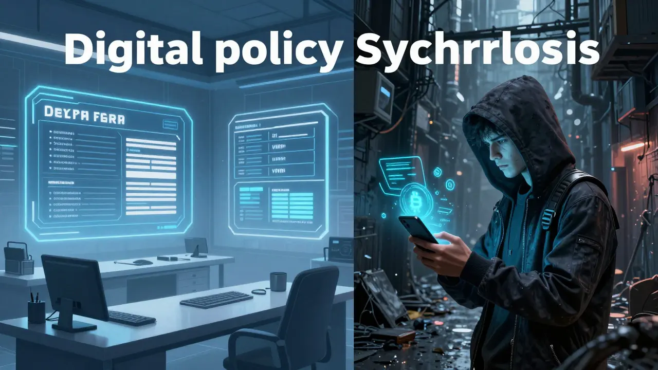 Split screen showing official blockchain use versus underground secret crypto trading in cyberpunk style