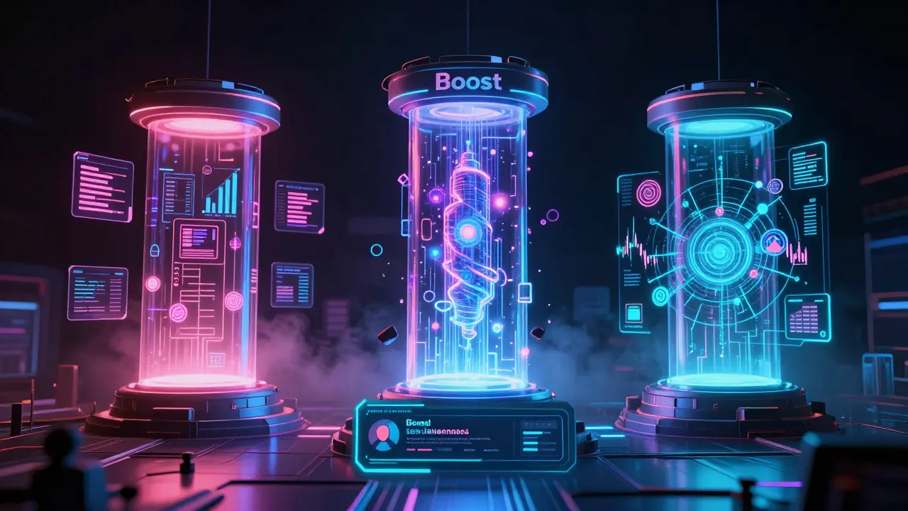 Three glowing neon pillars representing the DEX, Boost, and Derivatives branches of Crescent Network.
