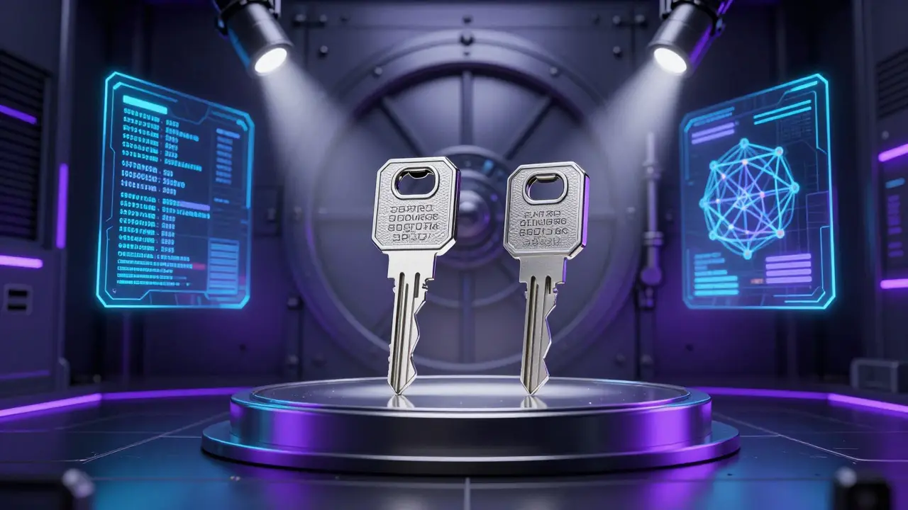 Two backup security keys on a pedestal in a futuristic digital vault.