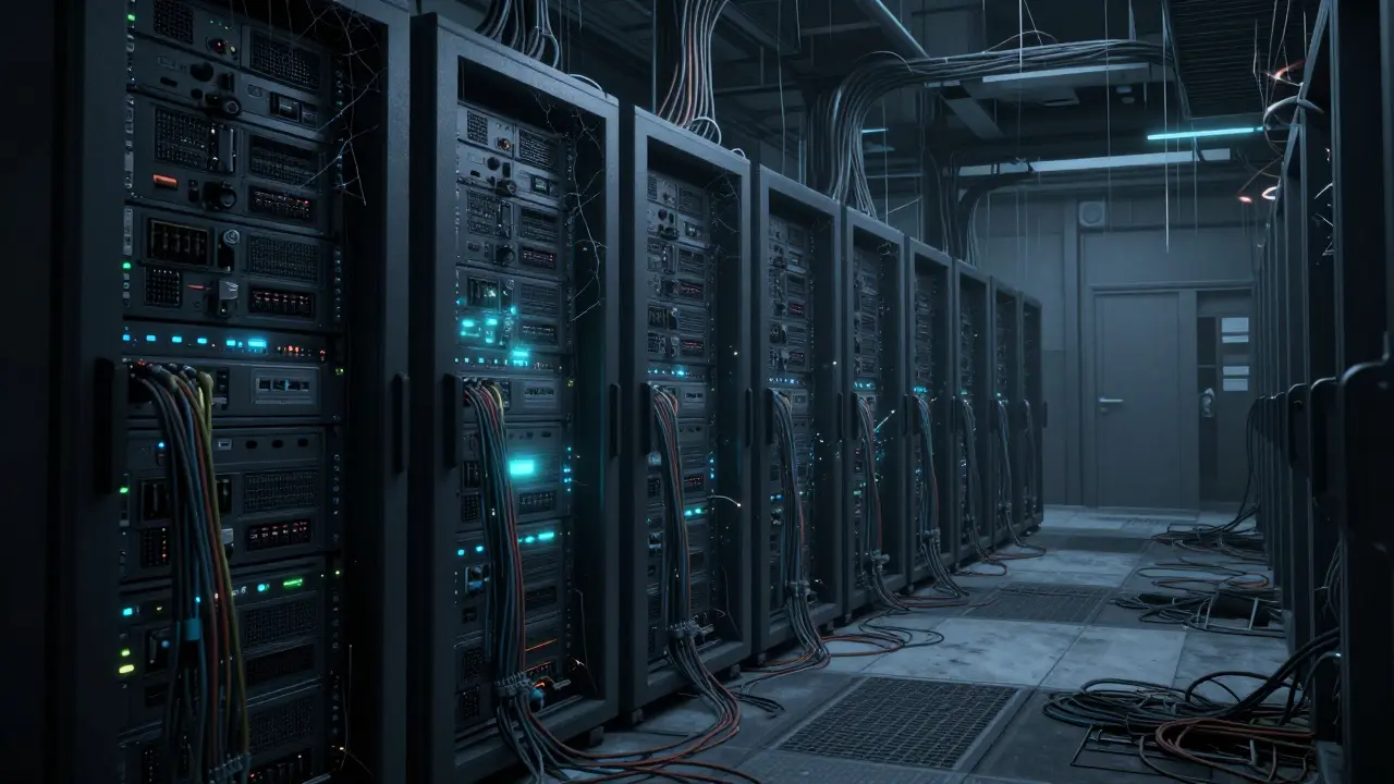 Abandoned, dusty server racks in a cyberpunk setting representing a dead blockchain project.