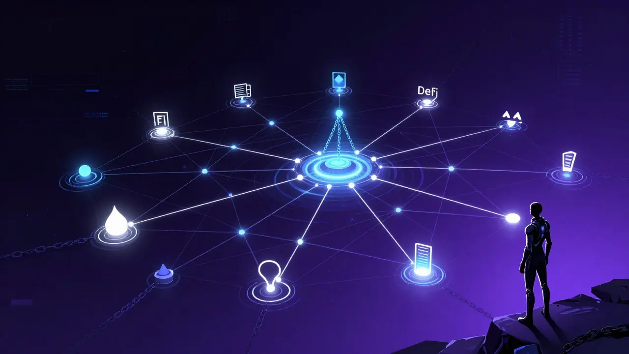 Abstract cyberpunk visualization of decentralized vs centralized crypto networks.