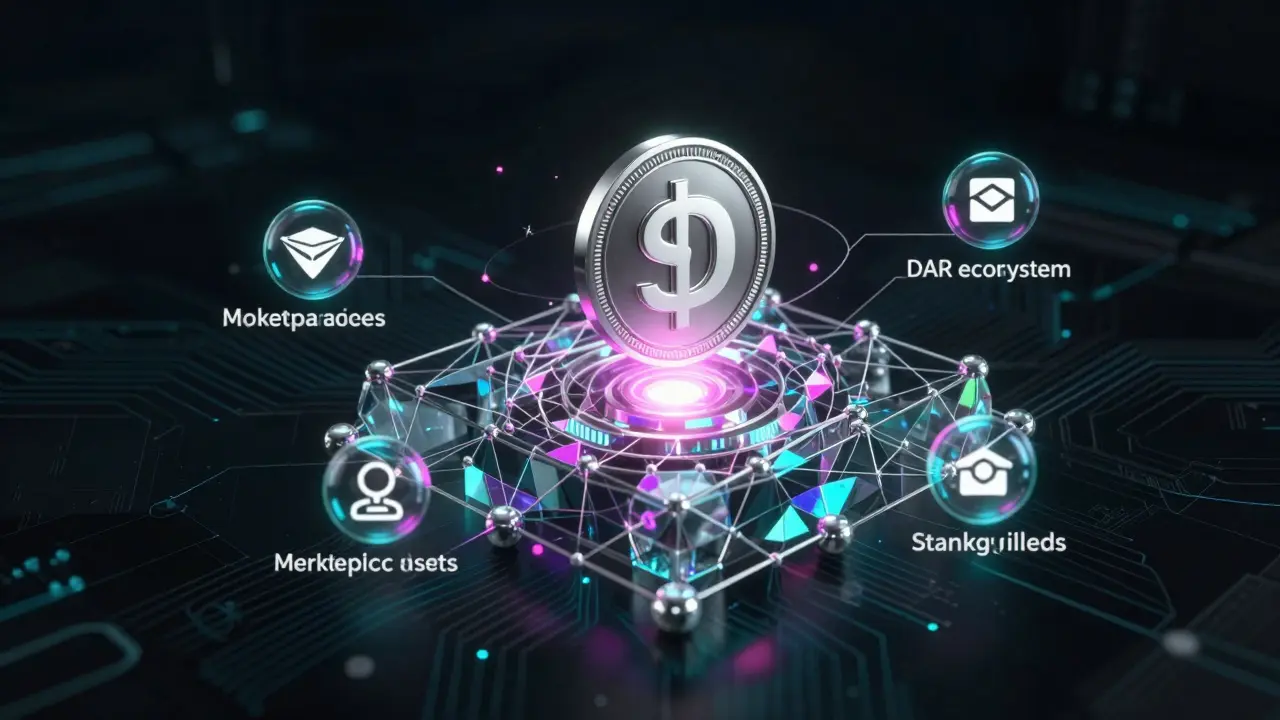 Abstract digital art of the D token connected to blockchain nodes and economic utilities