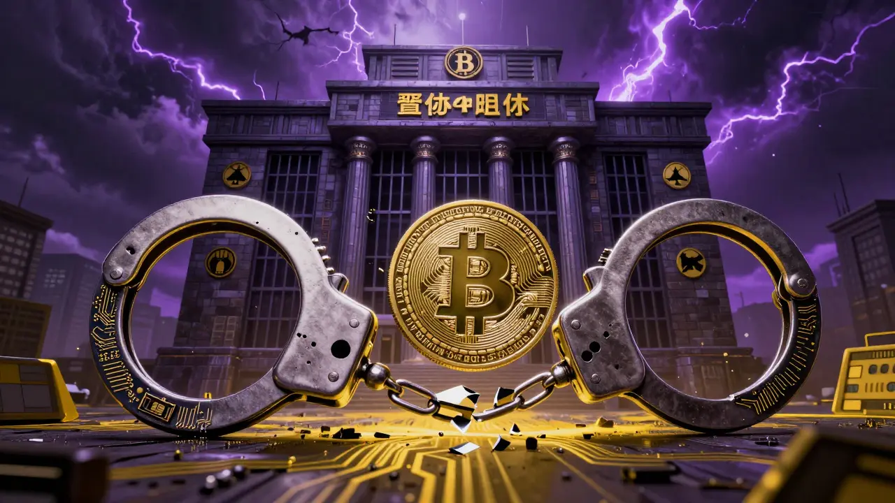 Circuit board handcuffs clamping a broken crypto coin against a looming government building.