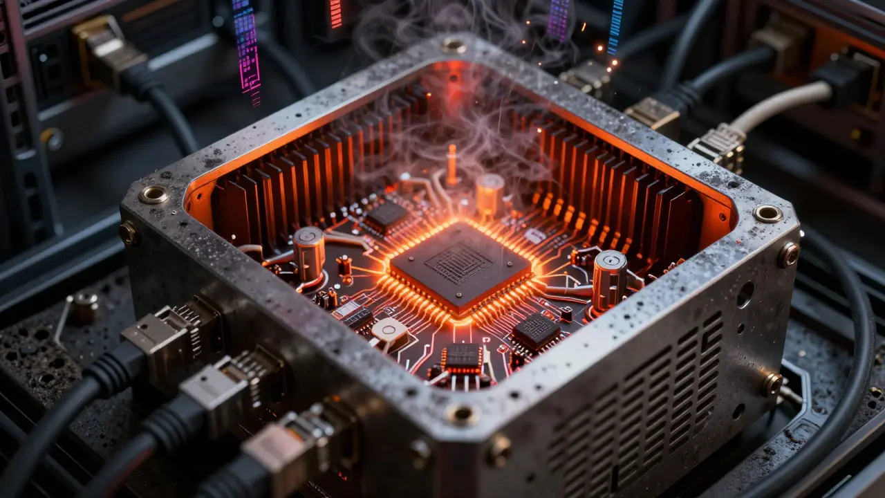 Close-up of glowing ASIC miner chips and cooling system