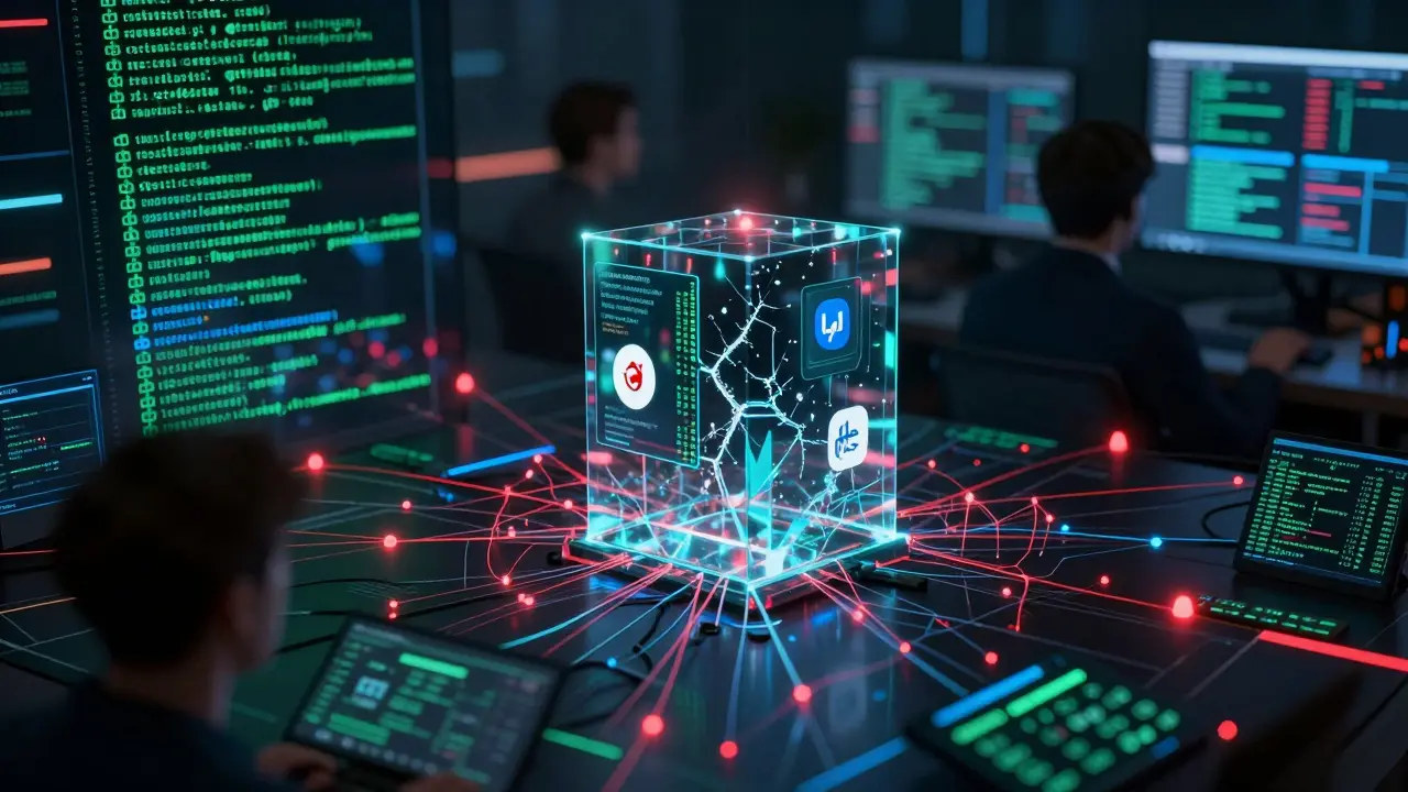 Complex code matrix with red warning lights and cracked glass structures illustrating smart contract risks.