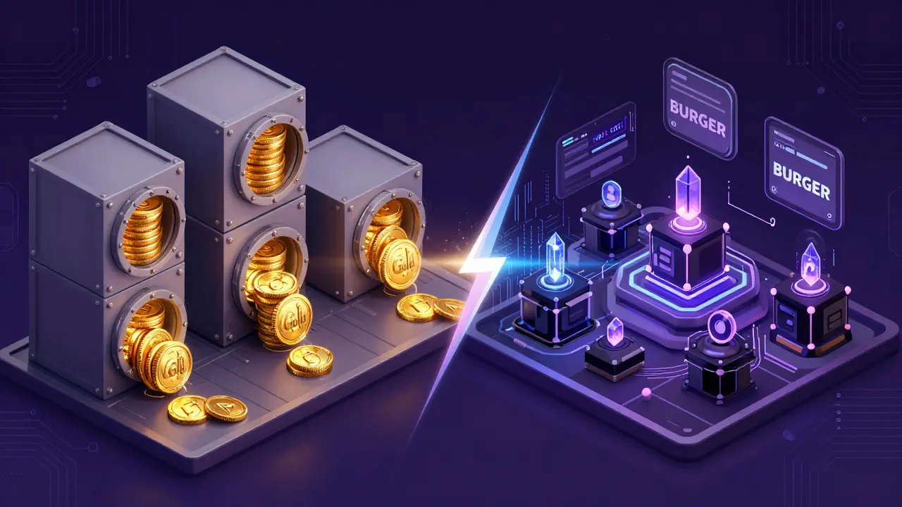 Conceptual art showing separate digital vaults for Gold and BURGER tokens in a tech environment.