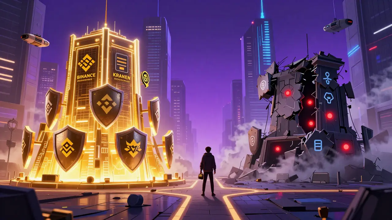 Contrast between a fortified digital fortress and a crumbling unsafe platform in neon-lit cyberpunk city.