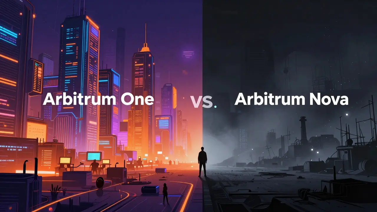 Contrast between busy neon city and empty wasteland representing network liquidity