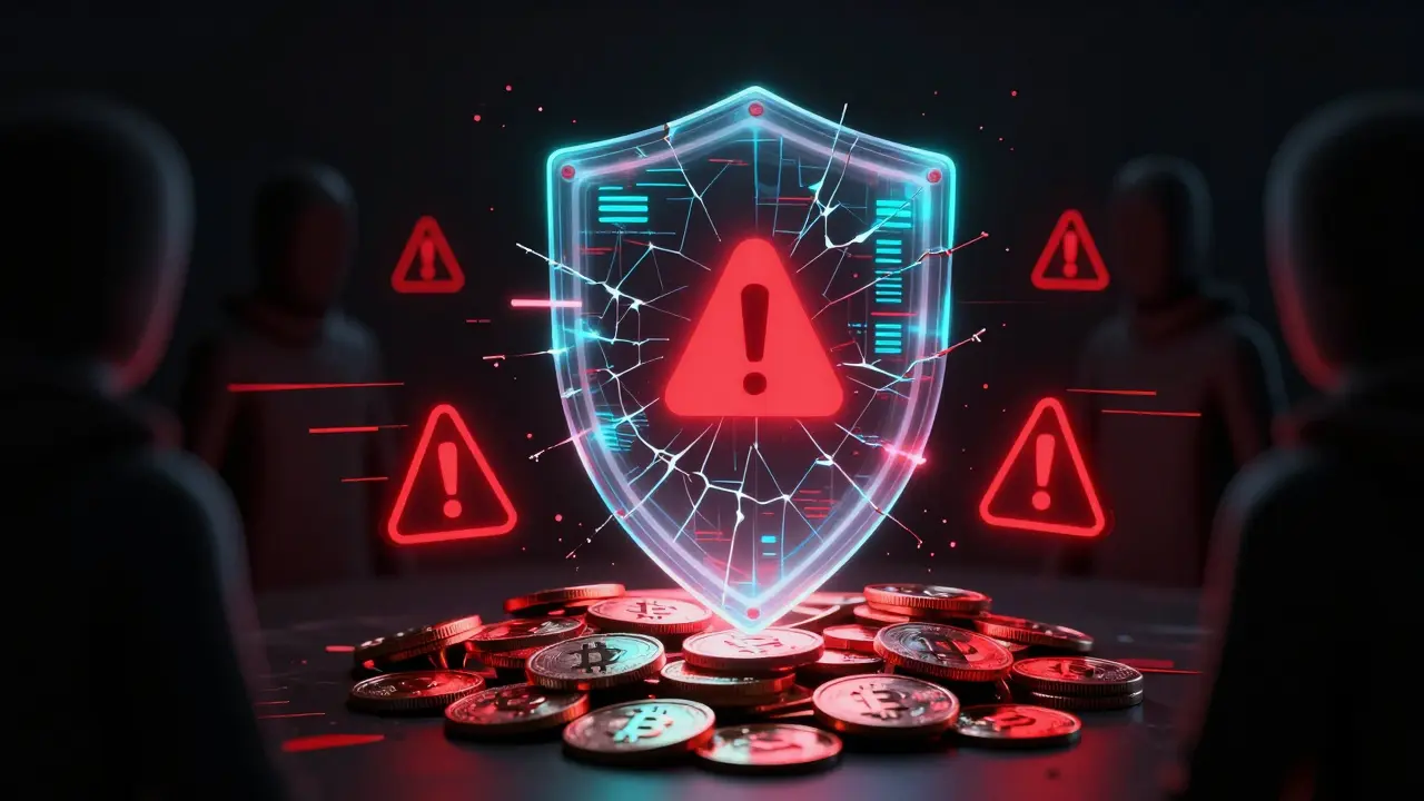 Cyberpunk art depicting cracked digital security shields and red warning signs over crypto assets.