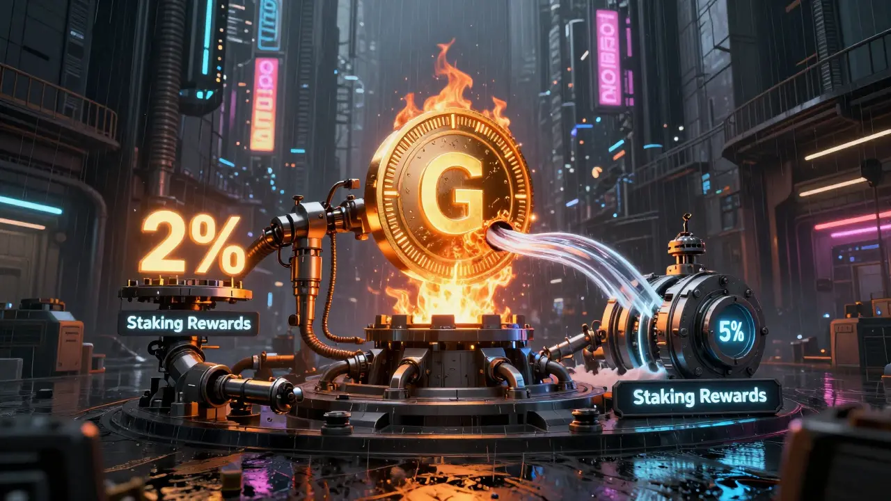 Cyberpunk art depicting GameZone's deflationary token burn and staking reward mechanics