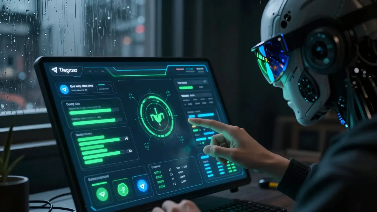Cyberpunk avatar viewing gamified crypto rewards on a futuristic app