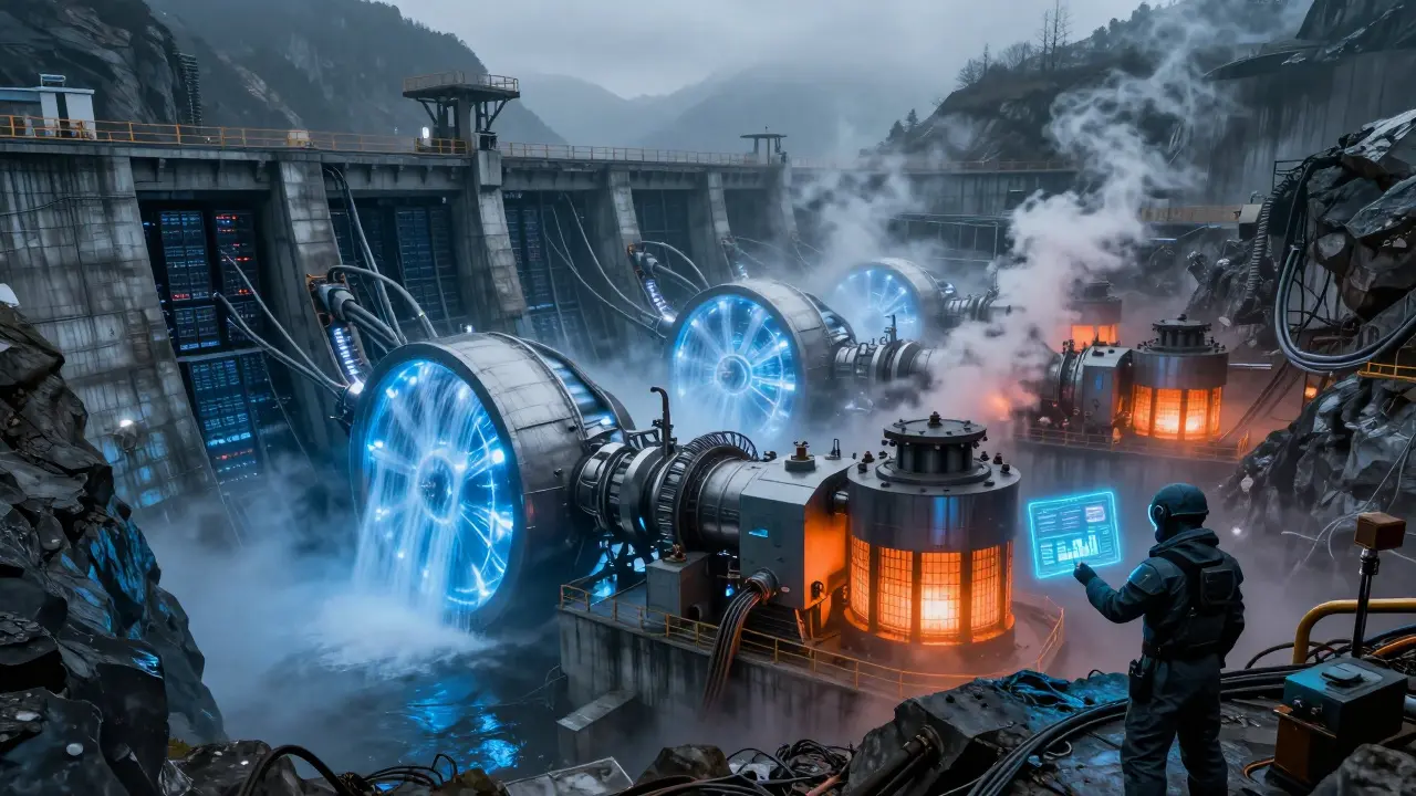 Cyberpunk hydroelectric dam powering underground crypto mining farm in Georgian mountains