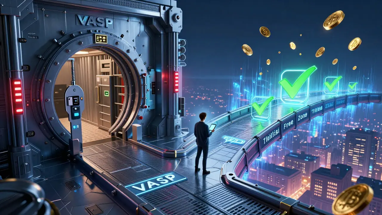 Cyberpunk visual metaphor comparing VASP mainland license vs Tbilisi Free Zone offshore path