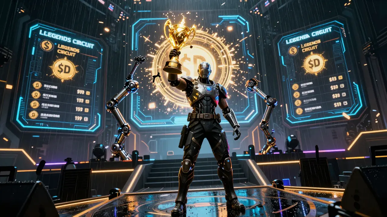 Cyberpunk warrior winning a Dalarnia Legends tournament with glowing trophies and neon lights