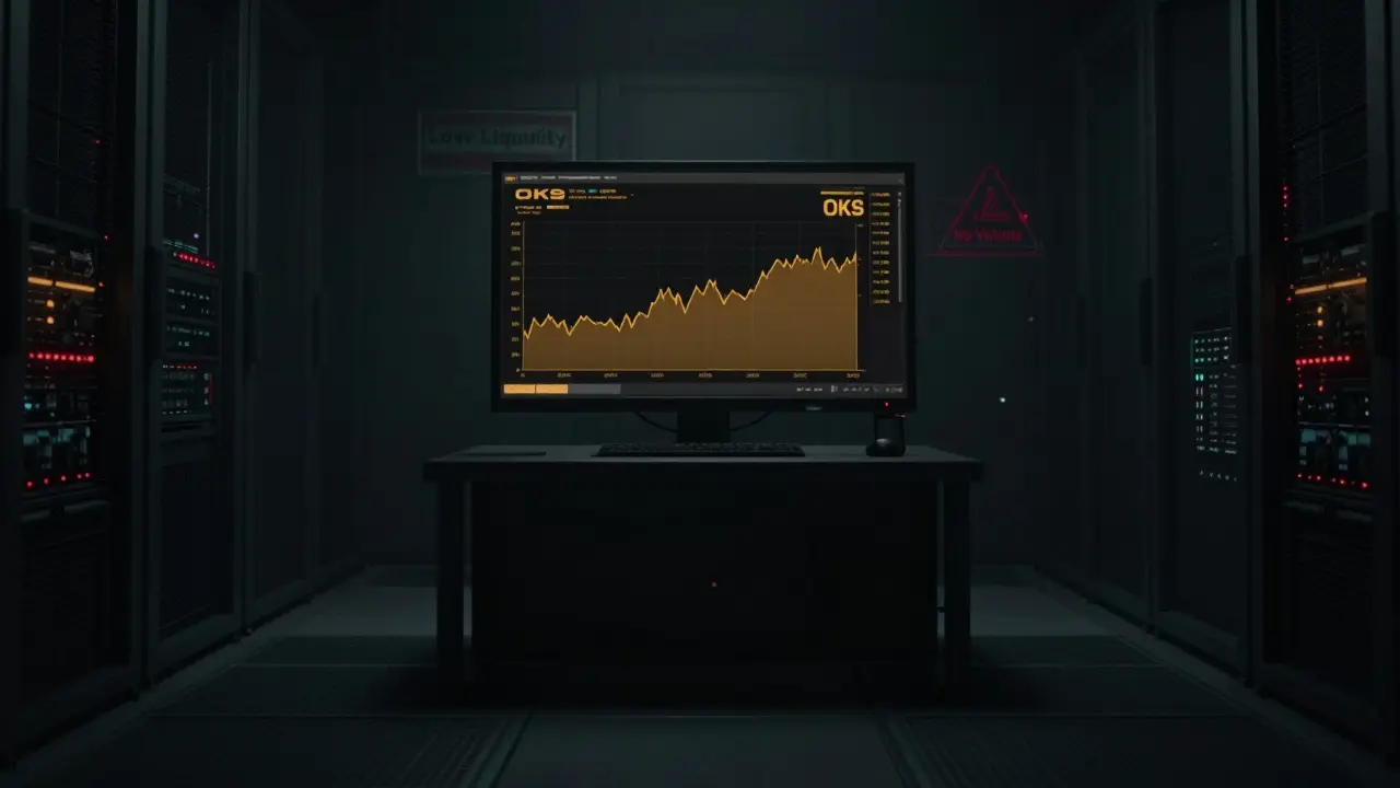 Dark cyberpunk scene with a stagnant price chart indicating low liquidity.
