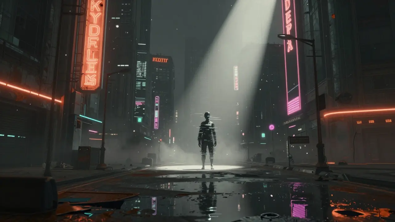 Desolate, abandoned cyberpunk city street with flickering lights and a lone glitching avatar.
