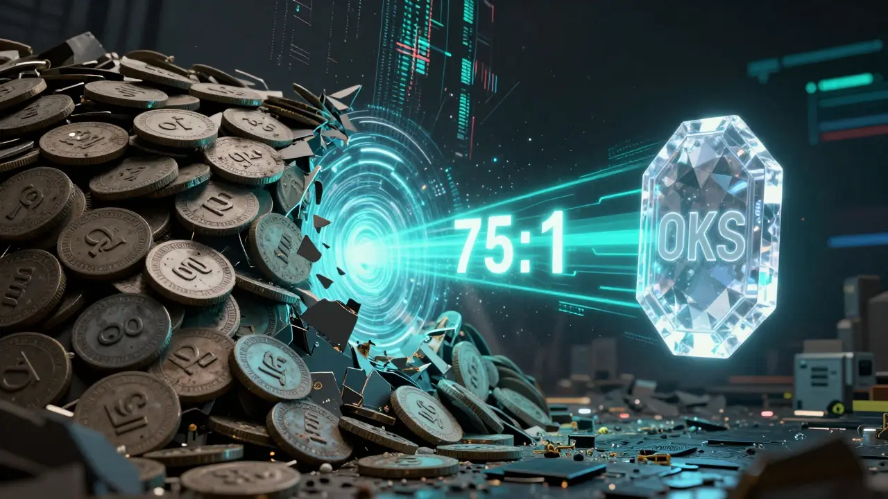 Digital art showing old tokens transforming into a single new OKS token.