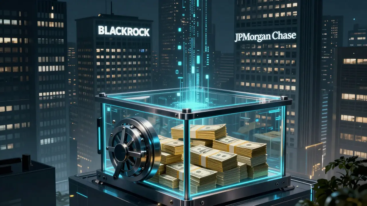 Digital vault secured by corporate towers holding treasury bonds