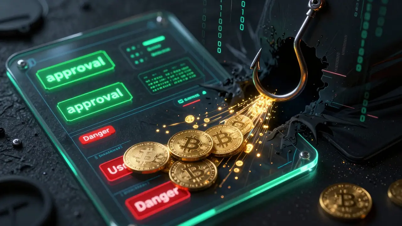 Digital wallet losing assets to a dark void, illustrating crypto phishing scams in cyberpunk style.