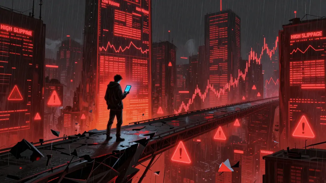 Figure on a crumbling bridge overlooking a dystopian financial abyss