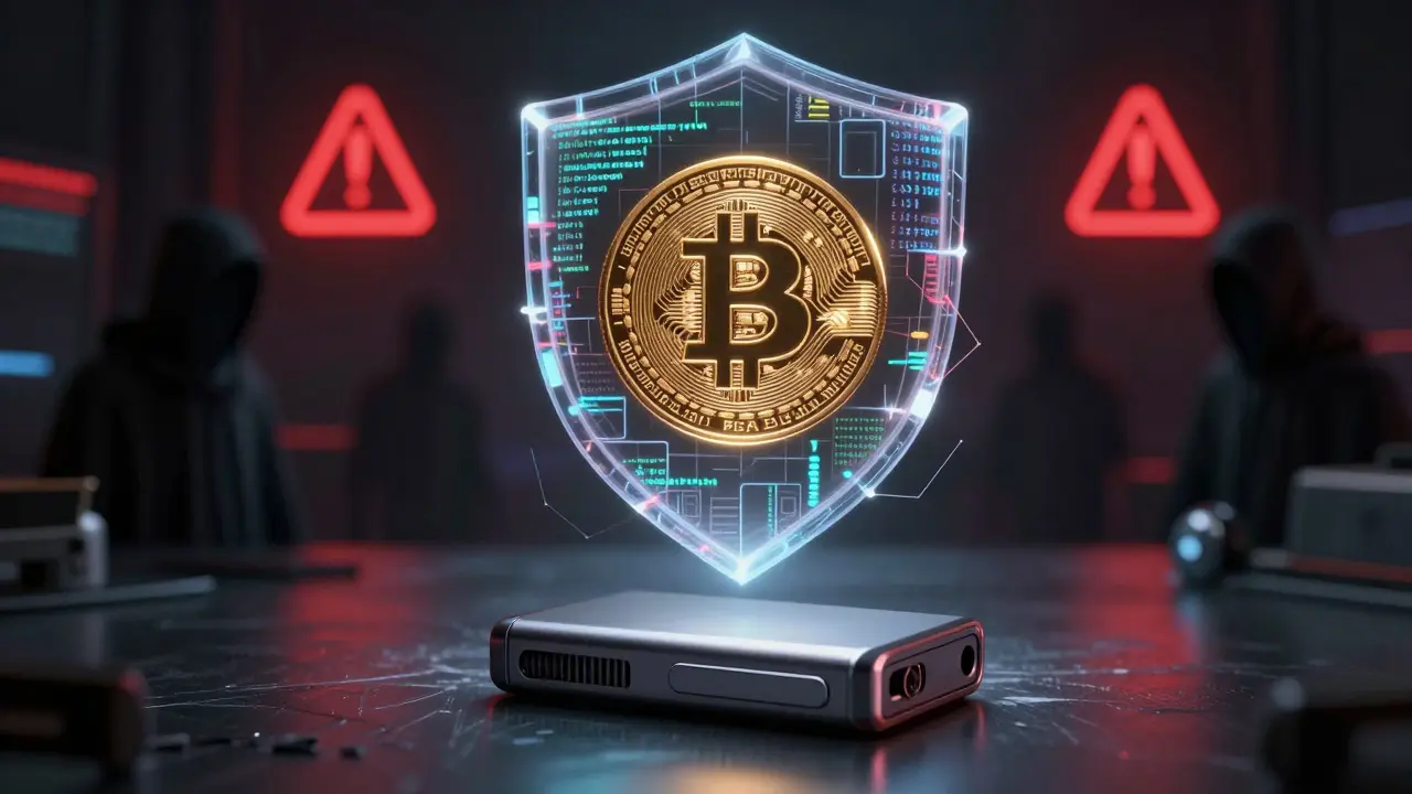 Floating Bitcoin protected by digital shield with hardware wallet nearby