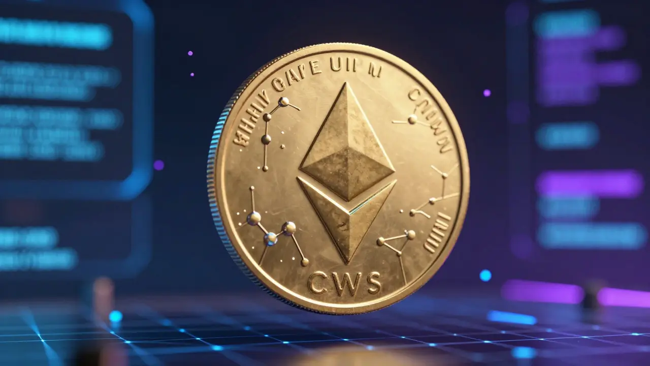 Floating gold crypto coin with blockchain details