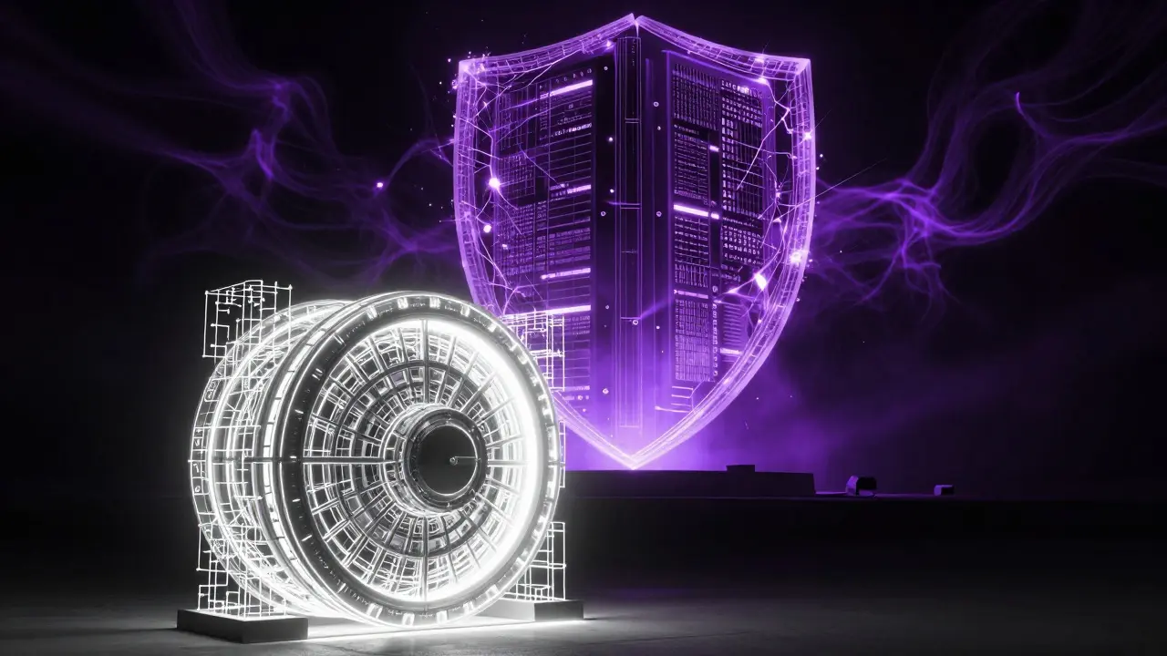 Futuristic cryptographic shield protecting data from a looming quantum computer threat.