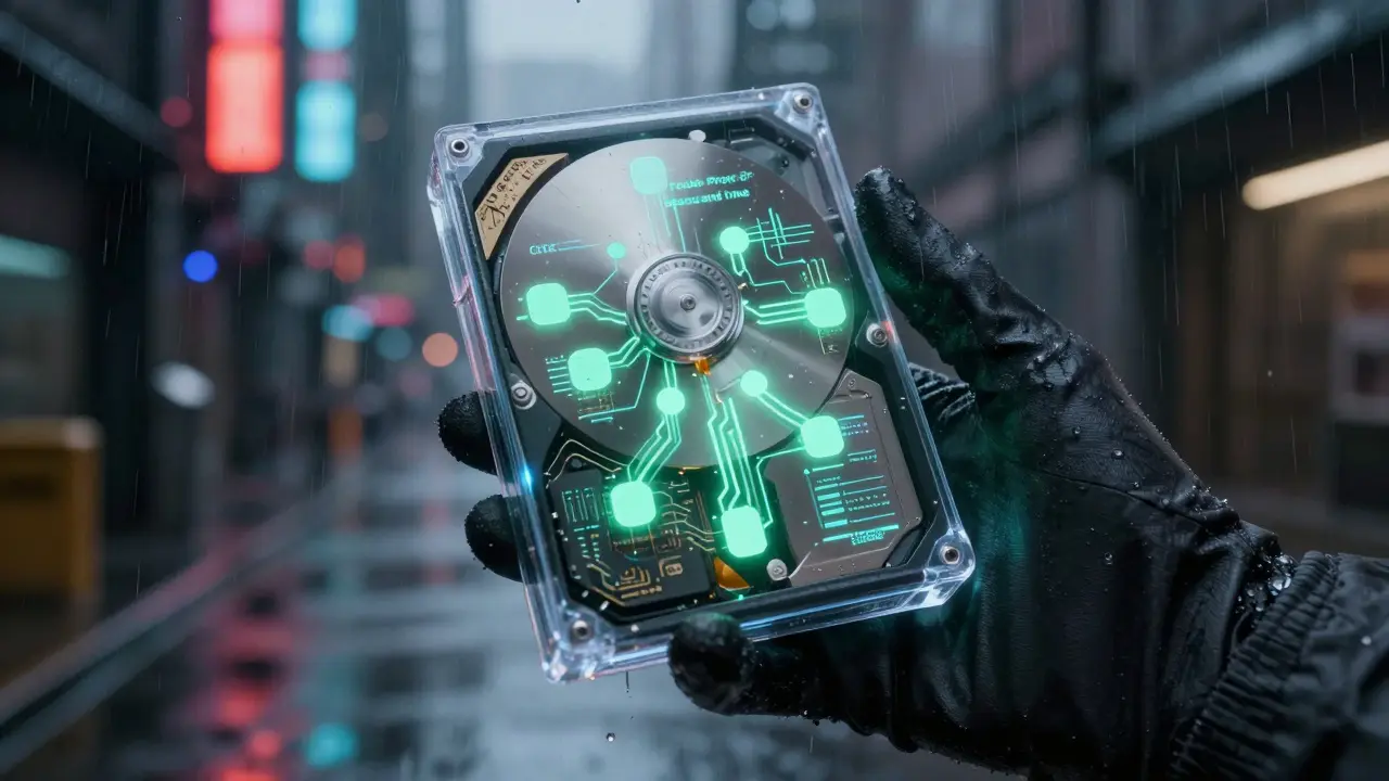 Futuristic device displaying efficient storage-based crypto mining in a cyberpunk city
