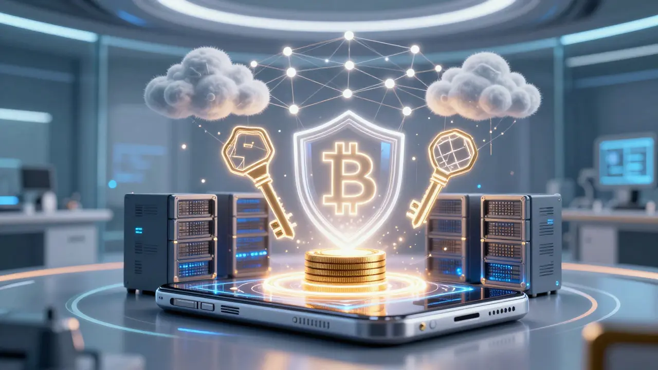 Futuristic hybrid wallet combining hot and cold security technologies.