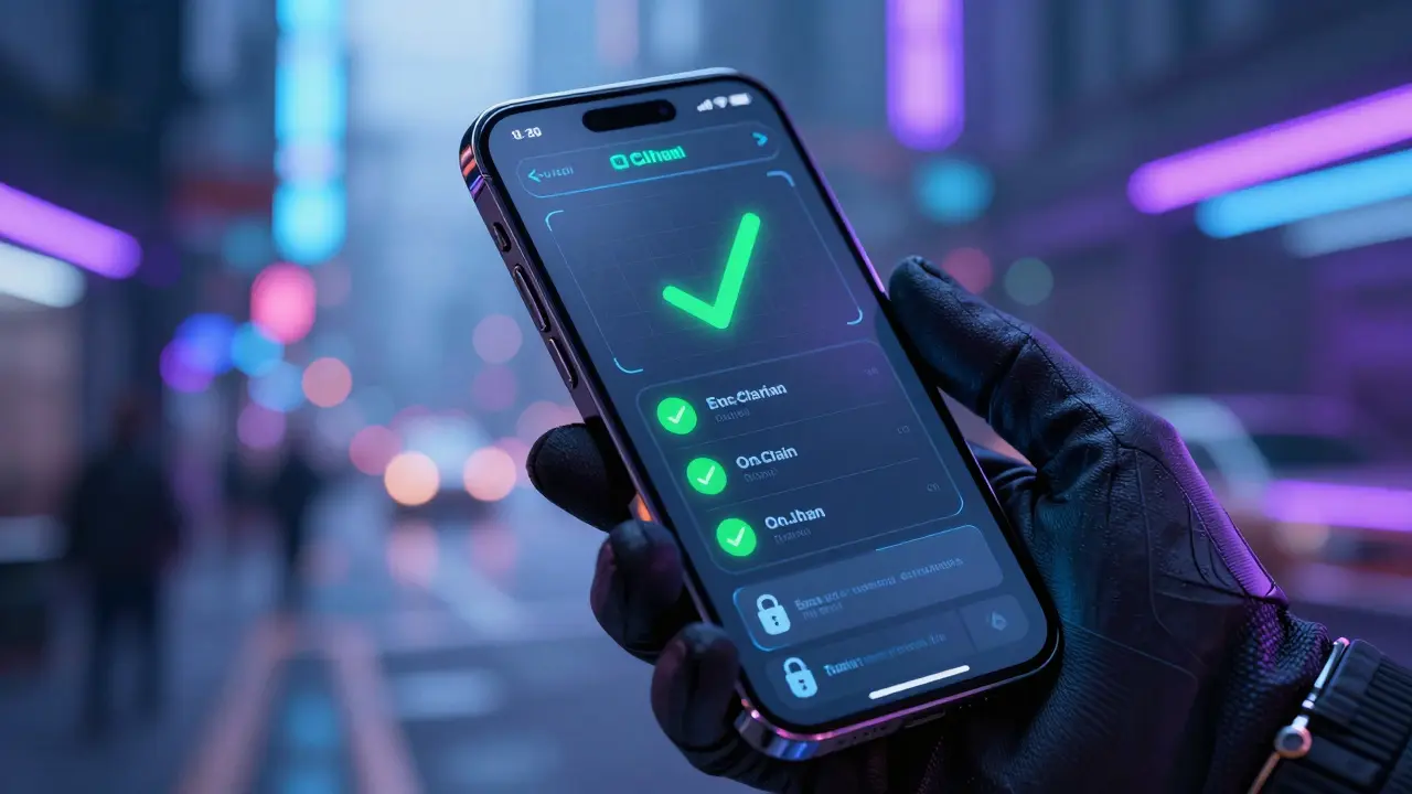 Futuristic phone showing secure crypto dashboard in neon city