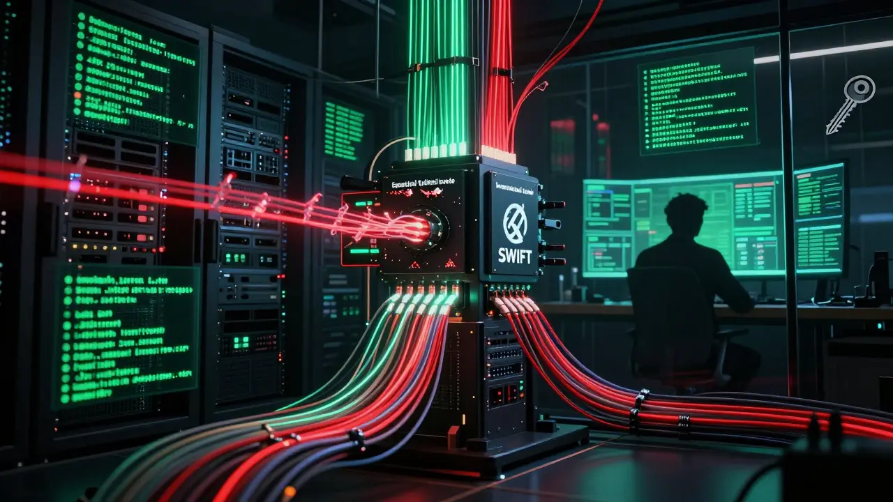 Futuristic server room illustrating crypto used for international trade bypassing sanctions