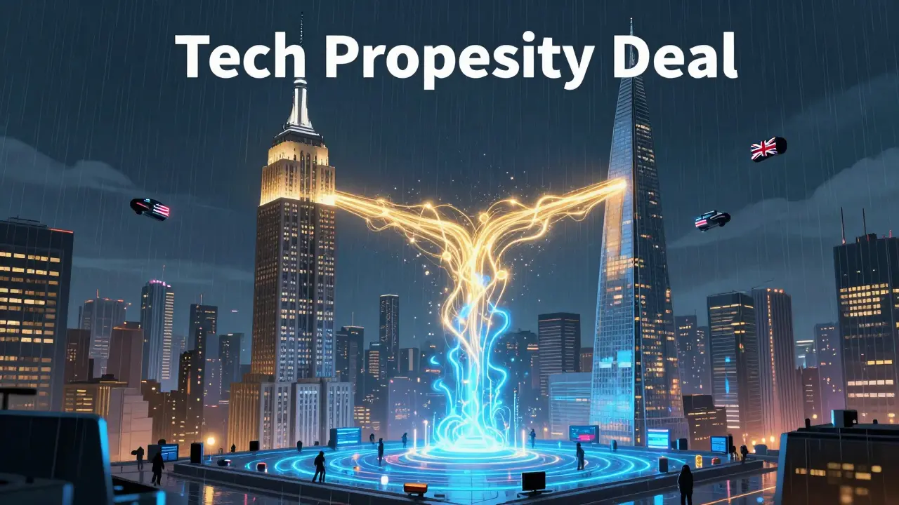 Futuristic skyscrapers linked by energy beams symbolizing US-UK crypto cooperation.