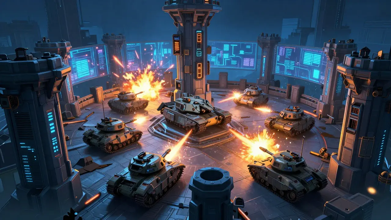 Futuristic tanks battling in a neon-lit tower defense