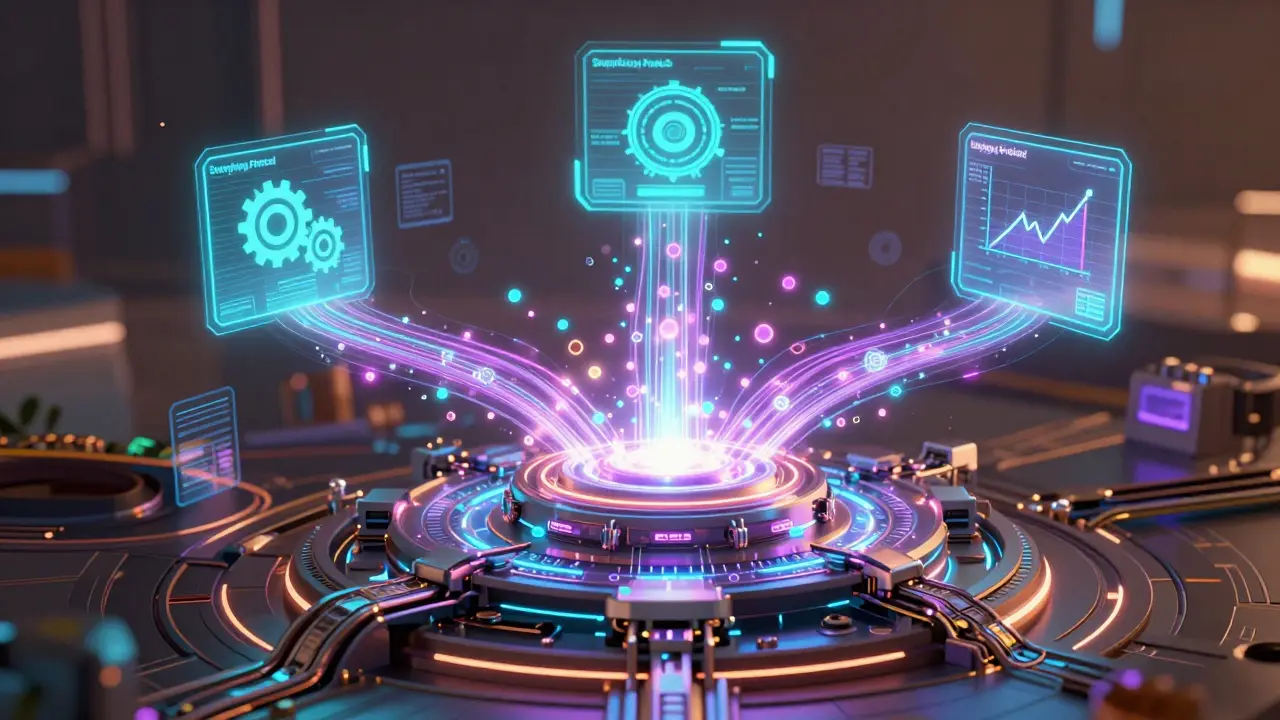 Futuristic unified hub merging swaps, lending, and trading into one glowing smart contract core.