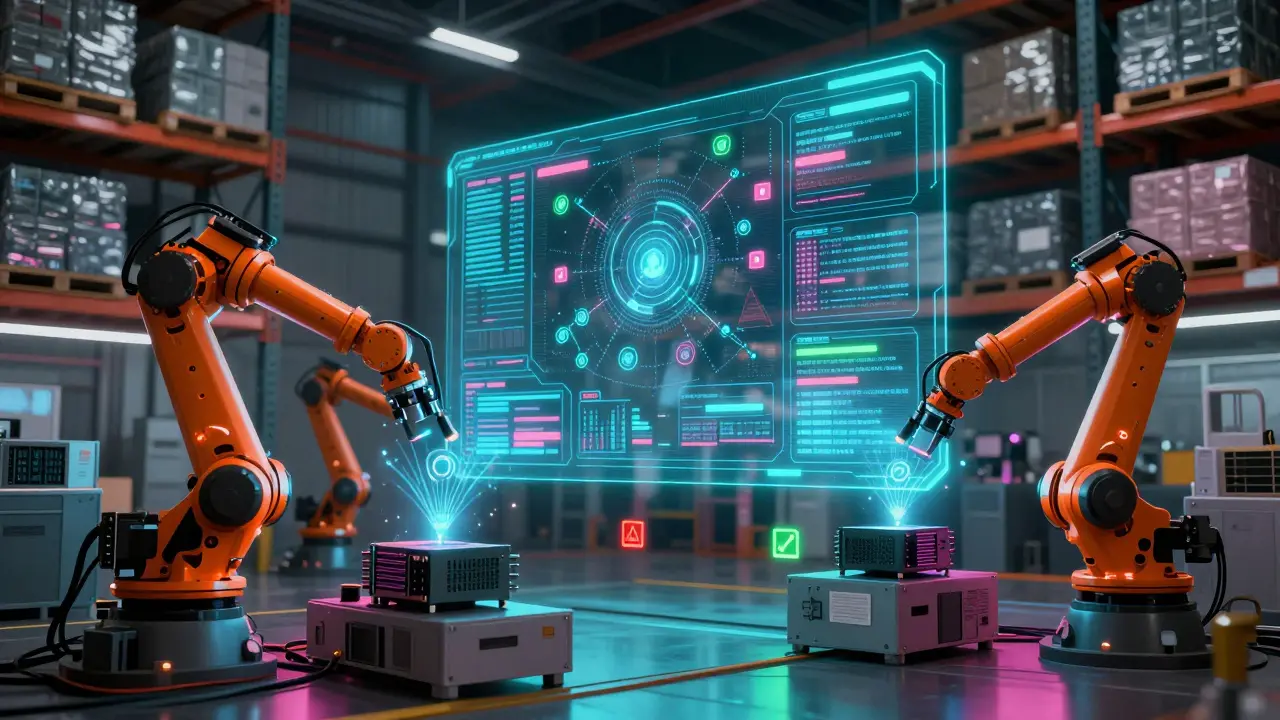 Futuristic warehouse with robots and AI data overlays verifying electronic components