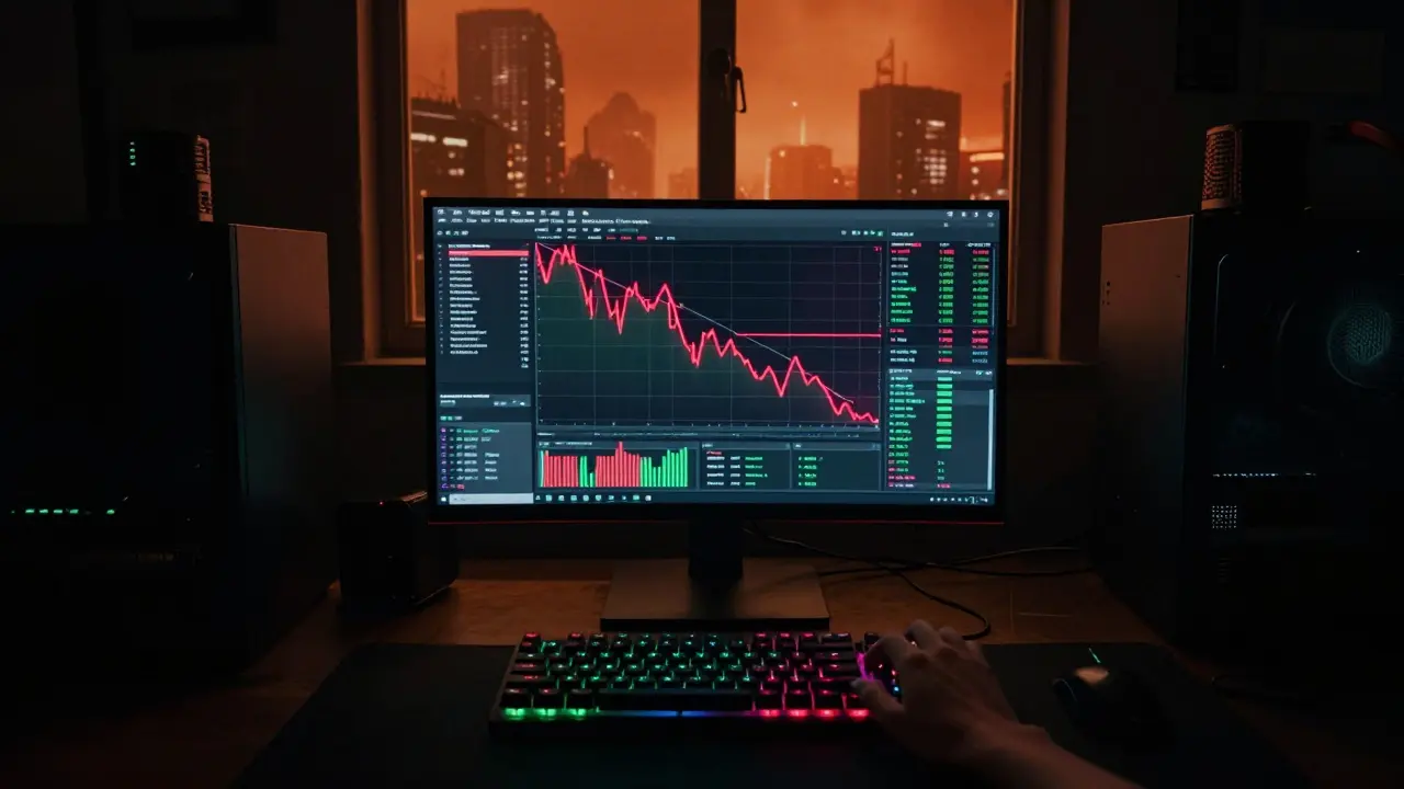 Gamer viewing risky crypto charts in dark room