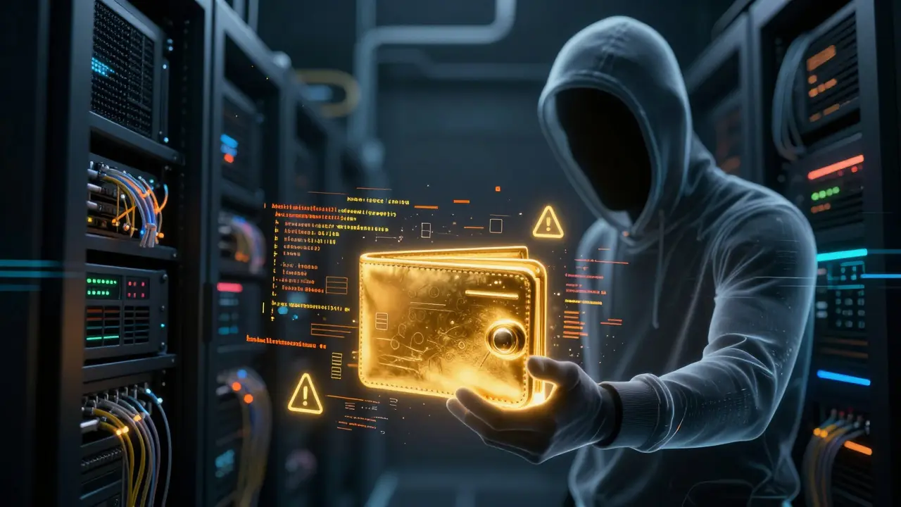 Ghostly hacker stealing a digital wallet in a glitching cyber space