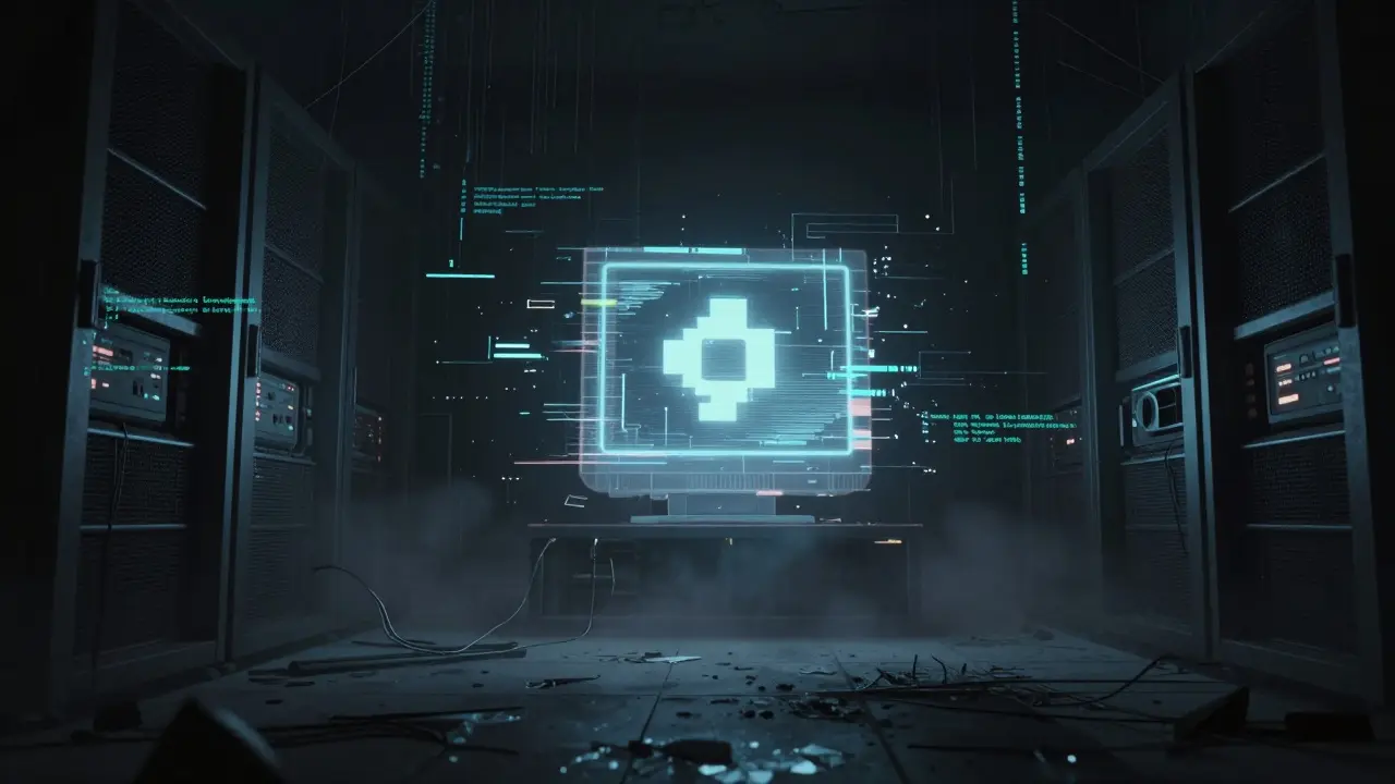 Glitching hologram of a crypto token in a dark, abandoned digital void