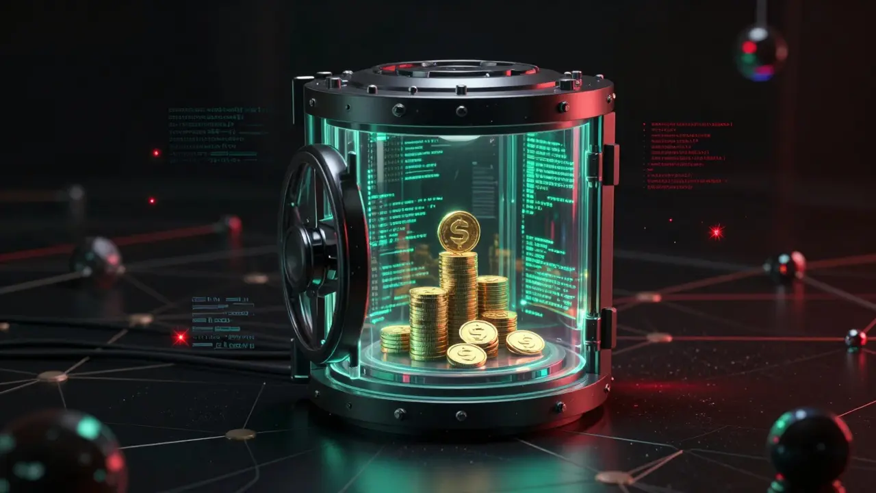 Glowing digital vault with stacking tokens symbolizing DeFi security and yield