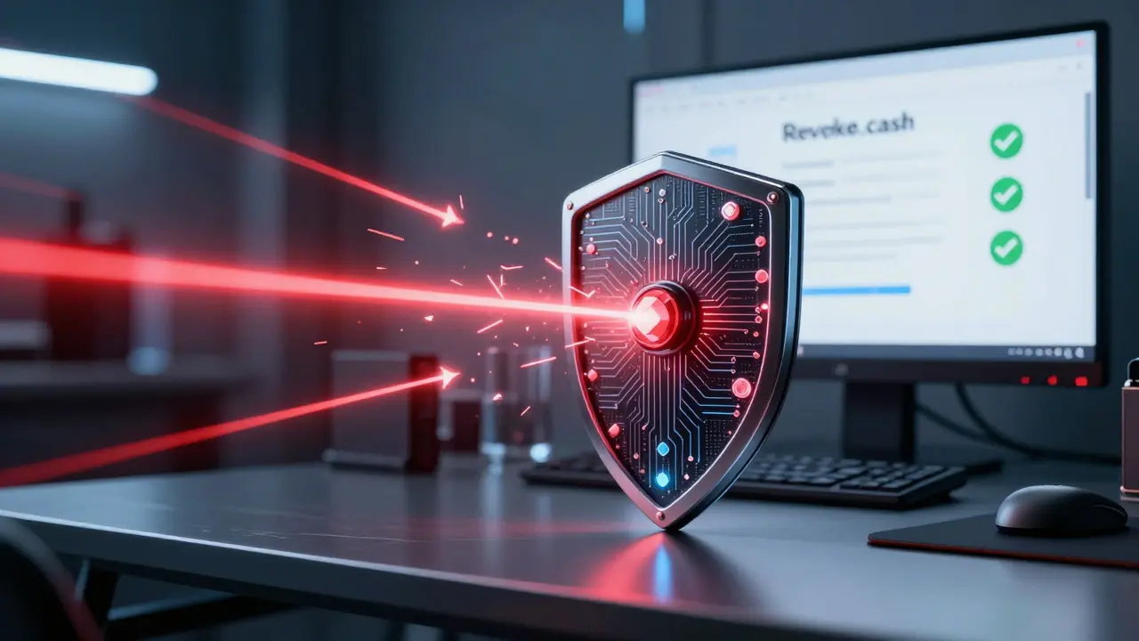 Glowing tech shield protecting a hardware wallet from red cyber attacks