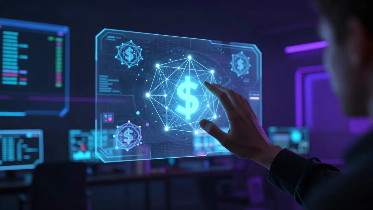 Hand interacting with floating blockchain token interface