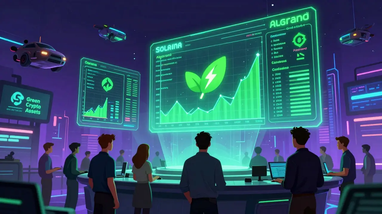 Holographic displays showing green cryptocurrency data in a futuristic trading hall