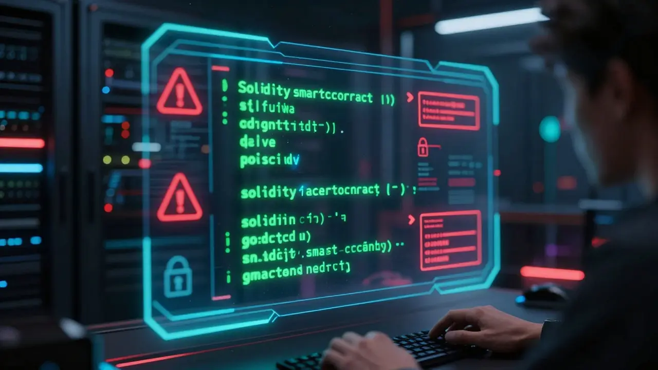 Holographic smart contract code with security locks in a neon-lit server room.