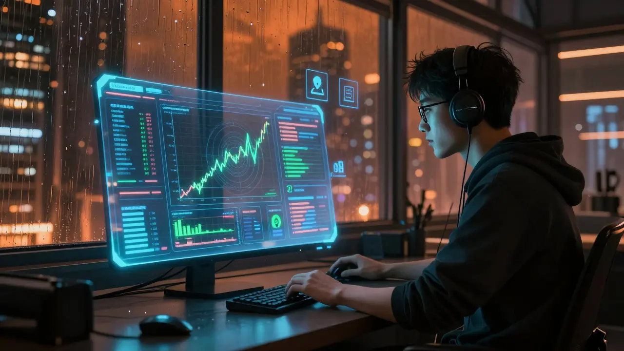 Holographic trading dashboard showing AI analytics in a cyberpunk room