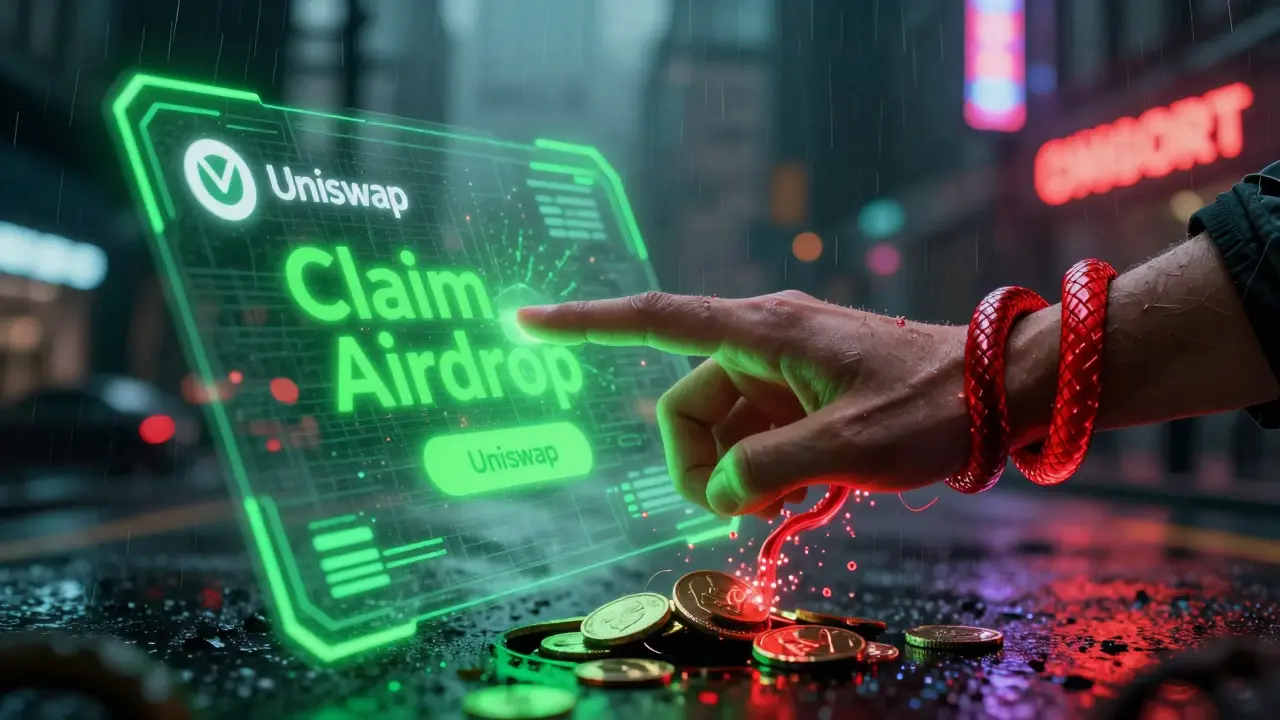 Malicious code drains crypto from a phone via phishing in cyberpunk art.