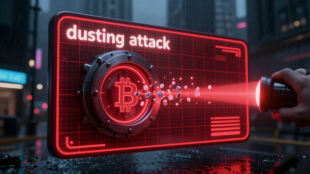Neon-lit crypto wallet interface showing dusting attack warnings and consolidation risks.