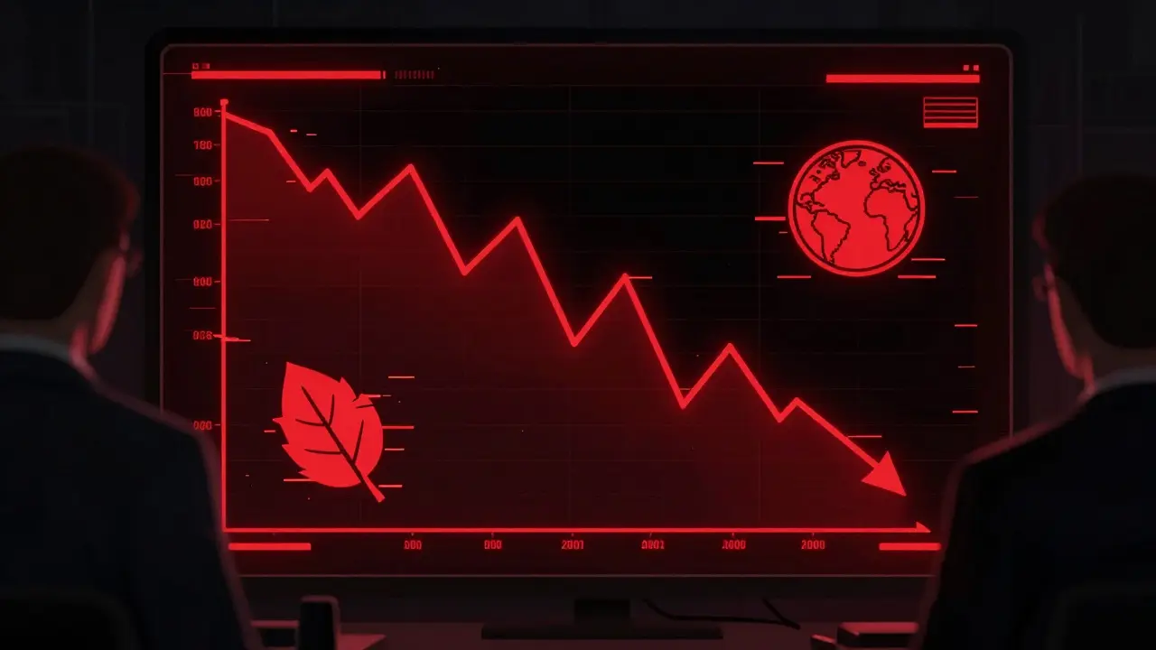 Red downward trend graph with wilting leaf icons in cyberpunk style