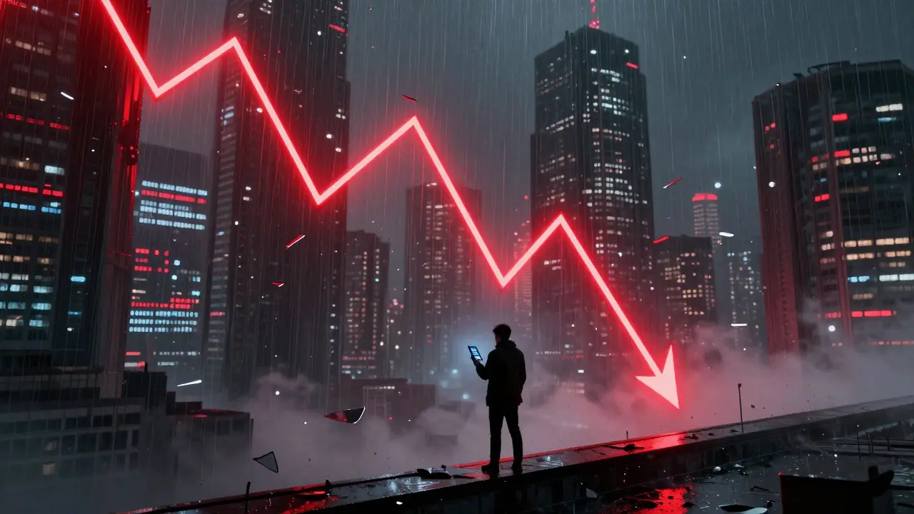 Red neon chart plummeting in a rainy cybercity showing crypto volatility