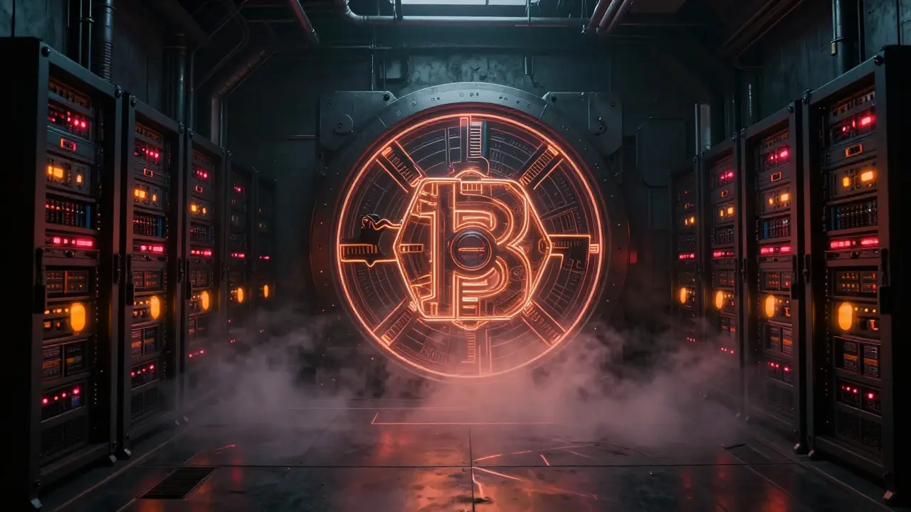 Secure cyberpunk server room with glowing multi-signature wallet structures.