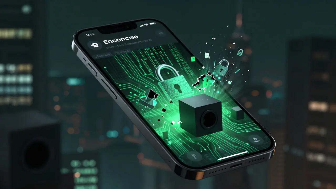 Smartphone displaying broken security icons and dissolving data, representing missing crypto safeguards.